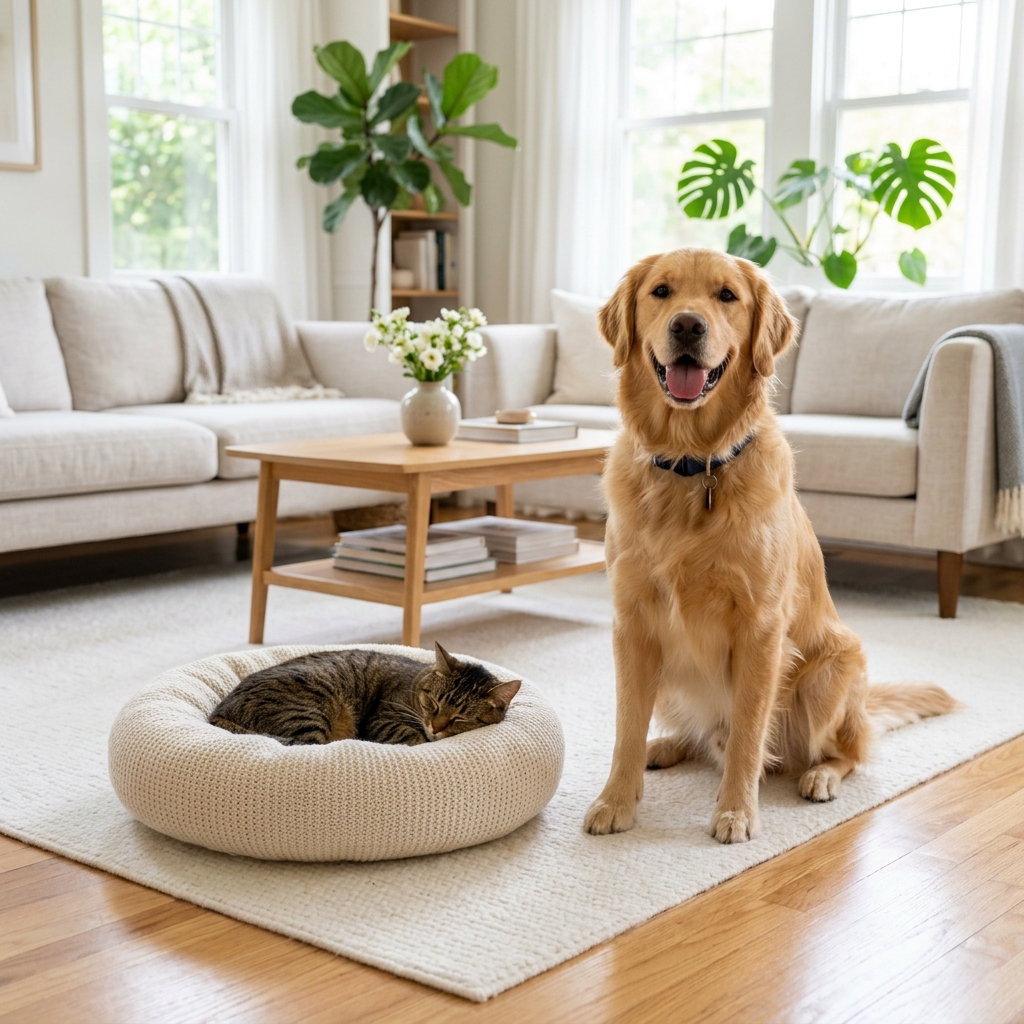 Happy dog and cat resting in a clean, fresh living room