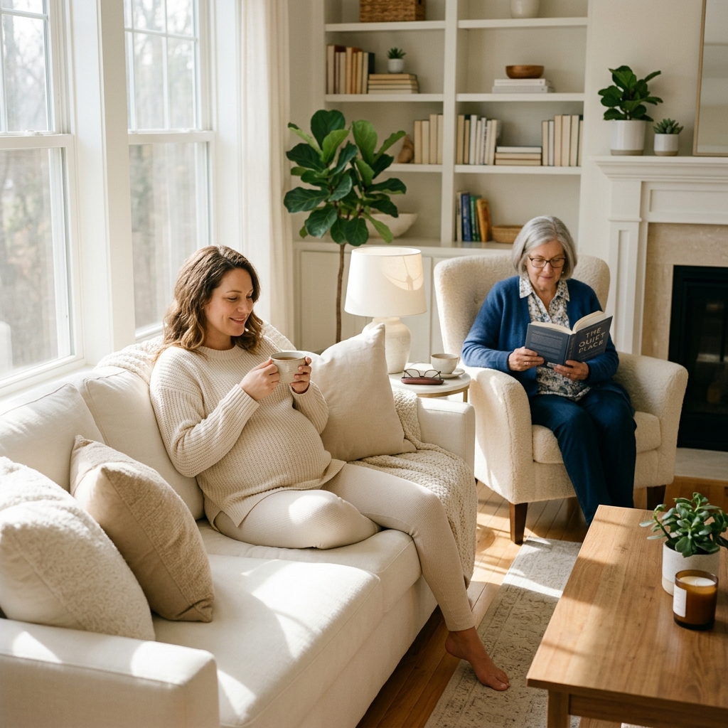 Pregnant woman and senior resting in a clean home